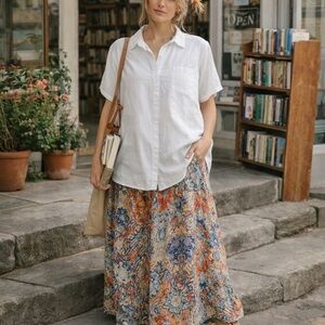 Ellos Linen Blend White Button Front Top L 18/20 Oversized Coastal Minimal Tunic